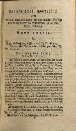 Physikalisches Wörterbuch oder Versuch einer Erklärung der vornehmsten Begriffe und Kunstwörter der Naturlehre : mit kurzen Nachrichten von der Geschichte der Erfindungen und Beschreibungen der Werkzeuge begleitet ; in alphabetischer Ordnung, 5. Supplemente von A - Z