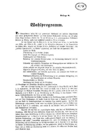 Wahlprogramm. Beilage B. Die Unterzeichneten haben sich nach genommener Rücksprache mit mehreren Abgeordneten [...]