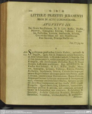 Litterae Praestiti Iuramenti Regii In Actu Coronationis. Augustus III. ... Tom. VI. pag. 641.