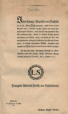 Ihro Königl. Majestät von Sachsen etc. etc. etc. : Gegeben ... Dresden, den 5. Januar 1811