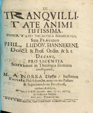 De Tranquillitate Animi Tutissima, Dissertatio Theologica Inauguralis