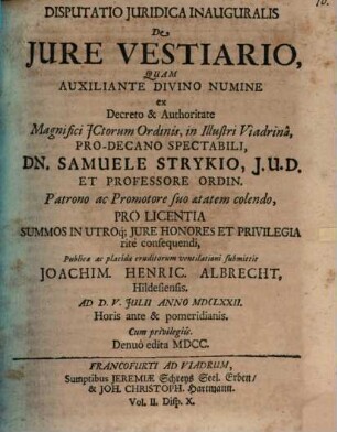 Disputatio Iuridica Inauguralis De Iure Vestiario