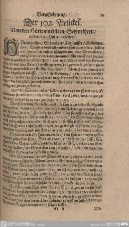 Der 102. Artickel. Von den Hüttenmeistern/ Schmeltzen/ und andern Hüttenarbeitern.