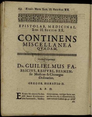 Epistolar. Medicinal. Lib. II. Sect. XX. Continens Miscellanea Quaedam