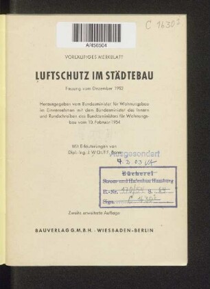 Luftschutz im Städtebau : Vorläufiges Merkblatt ; Fassung vom Dez. 1952