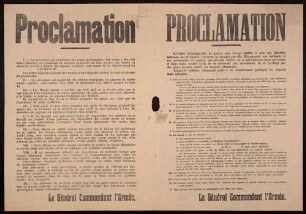 "Proclamation." Zwei Bekanntmachungen mit Verhaltensmaßregeln für die Bevölkerung des besetzten Gebietes