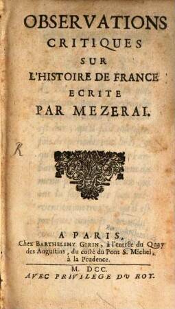 Observations critiques sur l'histoire de France [de Mézeray]