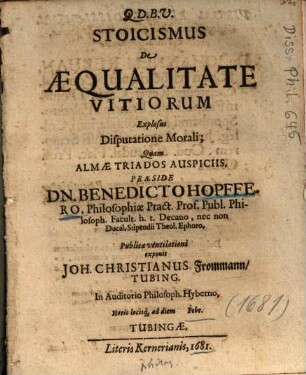 Stoicismus De Aequalitate Vitiorum Explosus Disputatione Morali