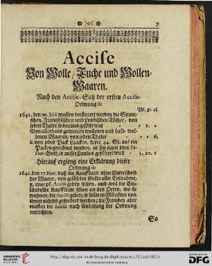 Accise: von Wolle / Tuche und Wollen-Waaren - Zoll von Tuch und Wollen-Waaren, auch Wolle