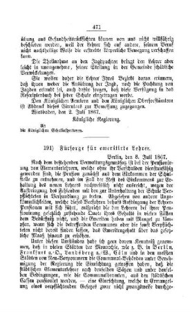 Fürsorge für emeritirte Lehrer : [IV. Seminarien, Bildung der Lehrer und deren persönliche Verhältnisse]