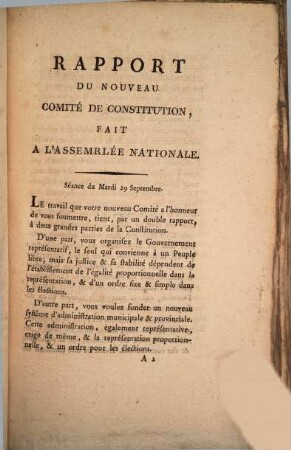 Rapport Du Nouveau Comité De Constitution, Fait A L'Assemblée Nationale Le Mardi 29 Septembre 1789. [1], Sur l'établissement des bases de la Représentation proportionnelle