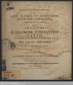 Dissertatio Medico-Politica, De Arte Clinica In Nosocomiis Opportune Addiscenda