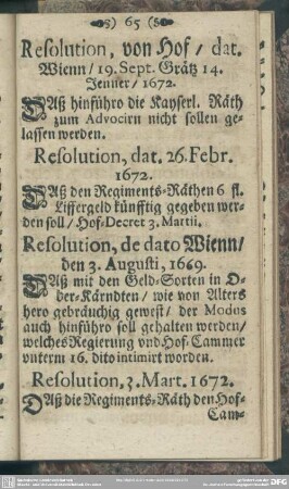 Resolution, von Hof, dat. Wienn, 19. Sept. Grätz 14. Jenner, 1672