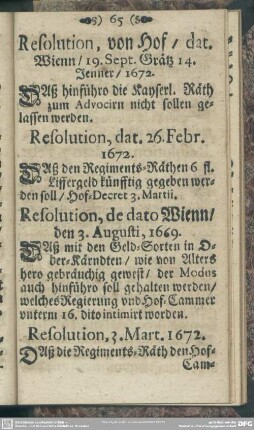 Resolution, von Hof, dat. Wienn, 19. Sept. Grätz 14. Jenner, 1672