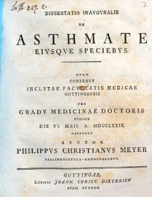 Dissertatio inauguralis de asthmate eiusque speciebus