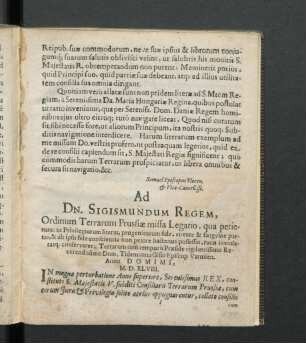 Ad Dn. Sigismundum Regem, Ordinum Terrarum Prussiae missa Legatio, qua petierunt ...