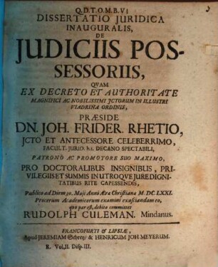 Diss. iur. inaug. de iudiciis possessoriis