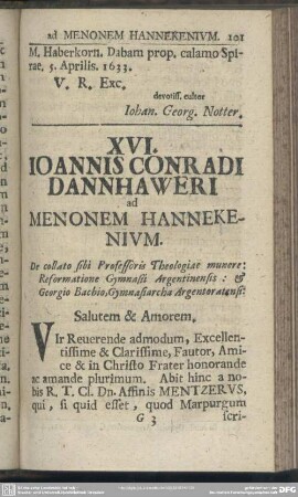 XVI. Ioannis Conradi Dannhaweri ad Menonem Hannekenium