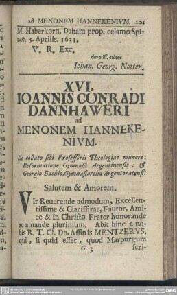 XVI. Ioannis Conradi Dannhaweri ad Menonem Hannekenium
