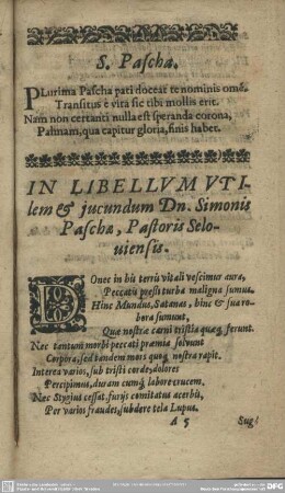 In Libellum Utilem & iucundum Dominus Simonis Paschae, Pastoris Seloniensis