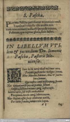 In Libellum Utilem & iucundum Dominus Simonis Paschae, Pastoris Seloniensis