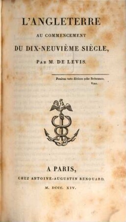 L' Angleterre au commencement du dix-neuvième siècle
