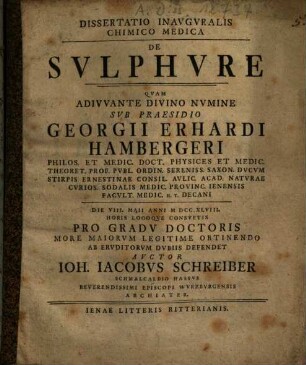 Dissertatio Inavgvralis Chimico Medica De Svlphvre