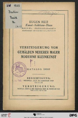 Versteigerung von Gemälden neuerer Maler, moderne Kleinkunst : Versteigerung 16. bis 20. Februar 1925 (Katalog Nr. 36)