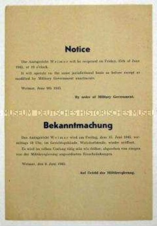Bekanntmachung der Militärregierung von Weimar über die Wiedereröffnung des Amtsgerichtes (zweisprachig)