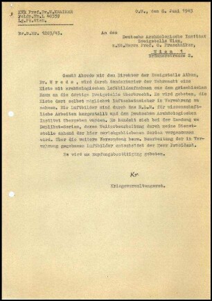 Brief; Wilhelm Kraiker an AIDR, Zweigstelle Wien