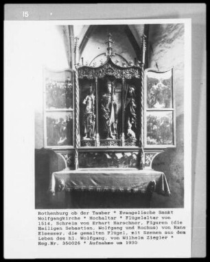 Wolfgangaltar: Schreinfiguren des Heiligen Sebastian, Wolfgang und Rochus
