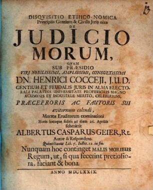 Disqvisitio Ethico-Nomica Principiis Gentium & Civilis Juris nixa De Judicio Morum