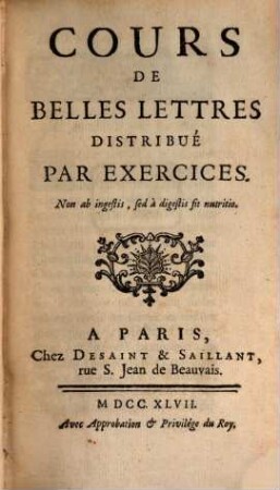 Cours De Belles Lettres : Distribué par Exercices, 1