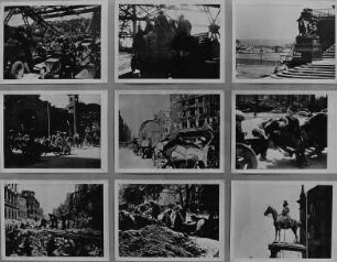 Ausstellungstafel mit Szenen aus dem sowjetischen Dokumentarfilm "Die Befreiung Dresdens", 1945. Dresden, Galerie Nord. Ausstellung "Borchert, Christian, Dresden - Bilder aus Dokumentarfilmen 1913–1949"