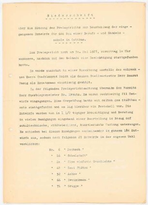 Berufs- und Handelsschule, Cottbus: Preisgerichtssitzungsprotokoll, 2 S.