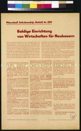 Maueranschlag mit dem Befehl von Marschall Sokolowskij Nr. 209 zur Einrichtung von Wirtschaften für Neubauern