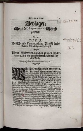 Beylagen So zu der Implorations-Schrifft gehören. Lit. A. [ - ] Lit. Hh.