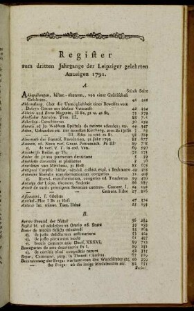 Register zum dritten Jahrgange der Leipziger gelehrten Anzeigen 1791.