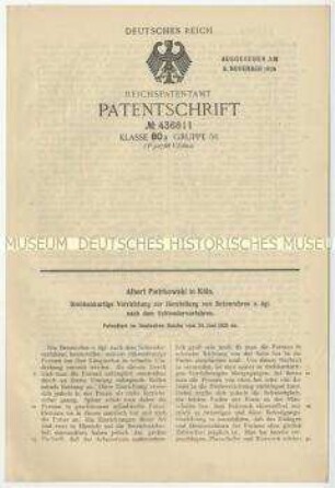 Patentschrift einer drehbankartigen Vorrichtung zur Herstellung von Betonrohren nach dem Schleuderverfahren, Patent-Nr. 436811