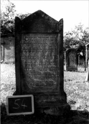 Grabstein 54 (Index: 100107195) Material: Sandstein Zustand: leicht verwittert Maße HxBxT: 106x45x11 cm Beschreibung: Stele, Sockel, giebelartiger Abschluß mit Eckakroteren, Schriftfeld rechteckig: Grabstein 54