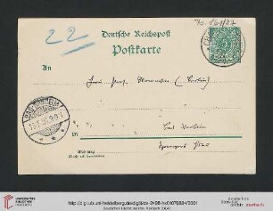 Briefwechsel Theodor Mommsen und Marie Mommsen geb. Reimer: Postkarte von Theodor Mommsen an Marie Mommsen