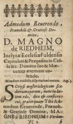 Admodum reuerendo, prænobili & gratioso Domino, D. Magno de Riedheim ...