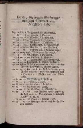 Errata, die wegen Entfernung von dem Druckort eingeschlichen sind.