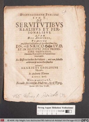 Disputationum Publicarum V. De Servitutibus Realibus Et Personalibus