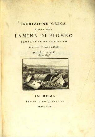 Iscrizione greca sopra una lamina di piombo trovata in un sepolcro nelle vicinanze di Atone