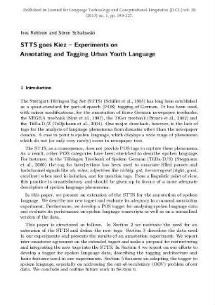 STTS goes Kiez – Experiments on Annotating and Tagging Urban Youth Language
