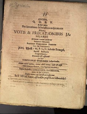 Declamationes scholasticas auspicaturus deque votis & precationibus Januariis