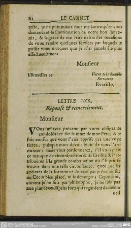 Lettre LXX. Response & remerciement