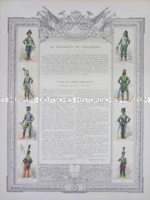 Uniformdarstellung, Rüstungen und Uniformen von Soldaten des 18. Jäger-Regiments zu Pferde und Zeittafel von Schlachten und Belagerungen mit Beteiligung dieses Regiments bzw. seiner Vorläufer, Frankreich, 1793-1823.