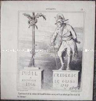 Karikatur: Das Erstaunen der Statue Friedrichs des Großen über das Pendant, das man an ihm an die Seite stellt ..., aus: Charivari, 1866